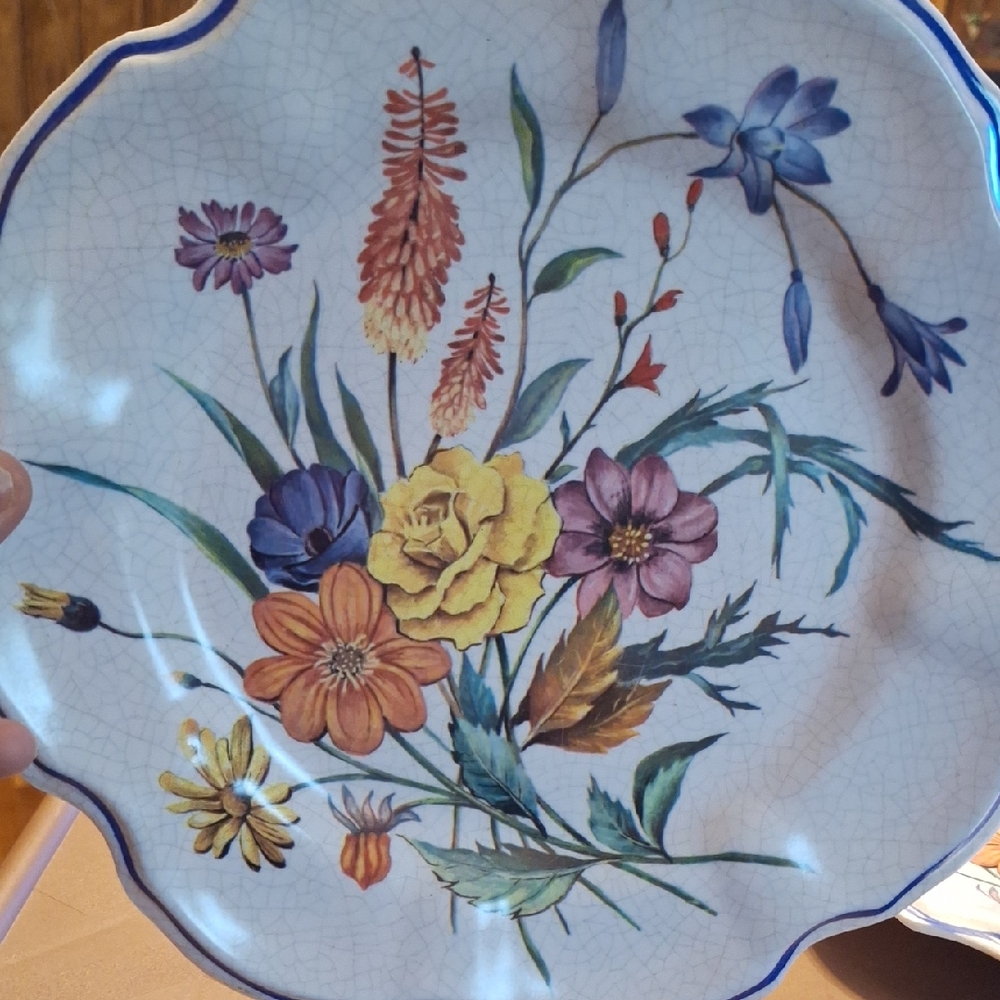 Vintage Lot Of 2 Floral Decorative Plate with Scalloped  Blue Trim Made In Italy